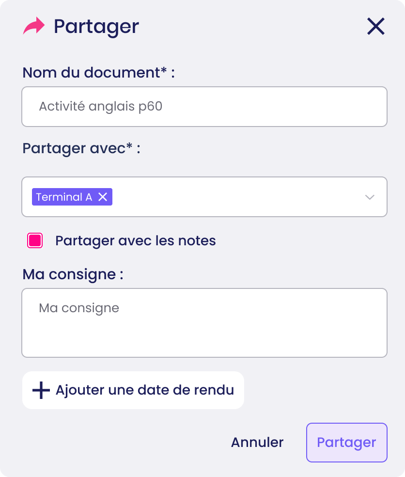 Visuel de la fenêtre de partage et des libellés à remplir 