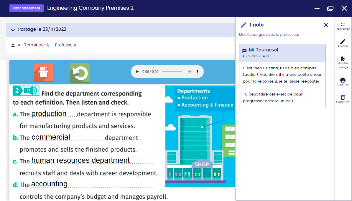 Page d'exercice interactif démontrant l'interaction avec l'élève